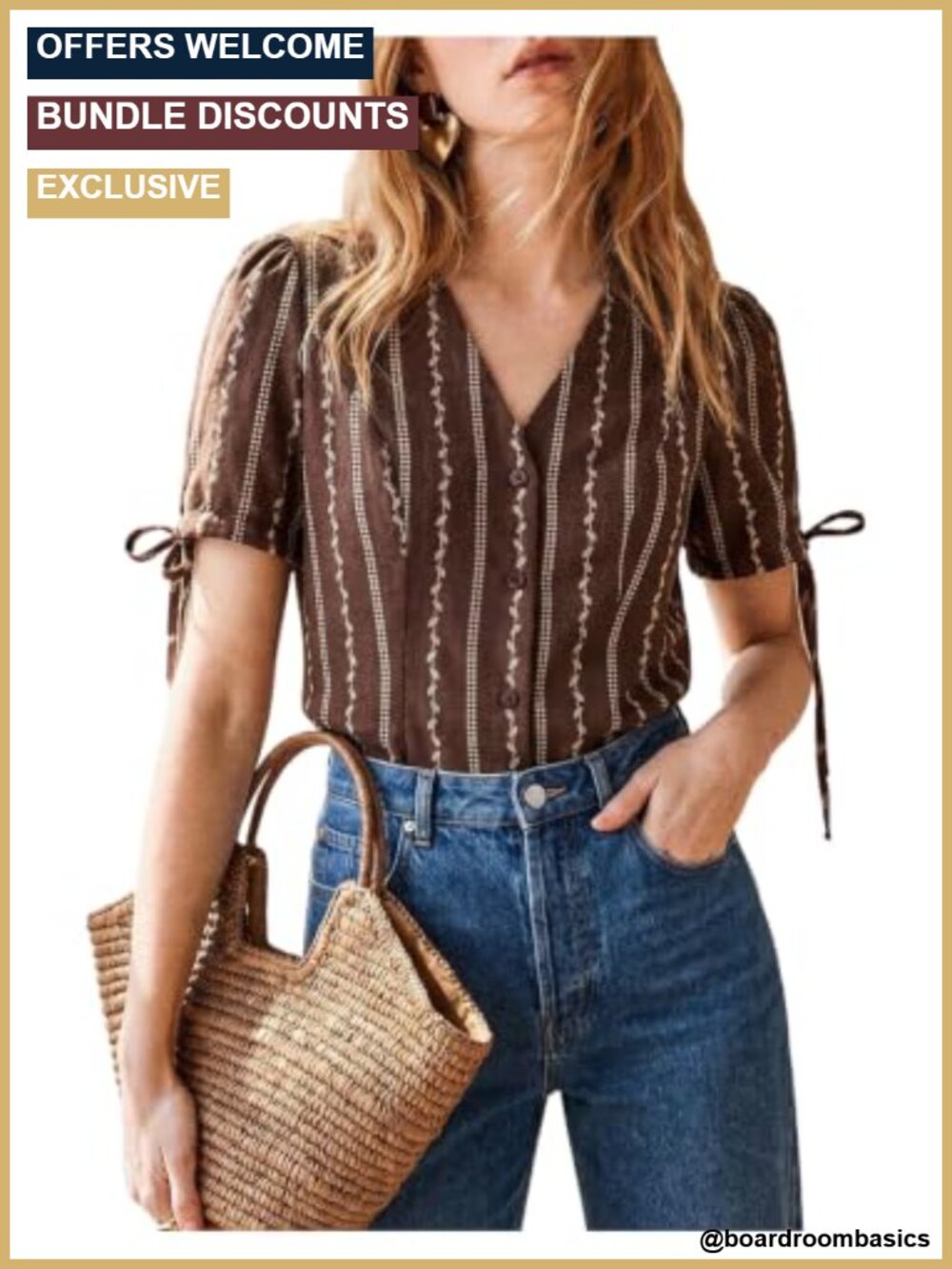 Boho Striped Button Down V Neck Short Sleeve Blouse Polyester